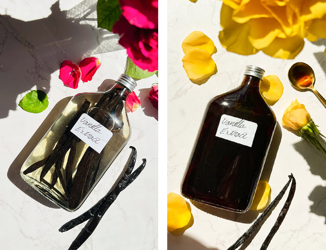 © Healthy Food by Annie. All rights reserved. No reuse, copying, editing, reposting, or redistribution without written permission. Before and after homemade vanilla extract showing clear alcohol with Madagascar vanilla beans before infusion and dark amber vanilla extract after aging.