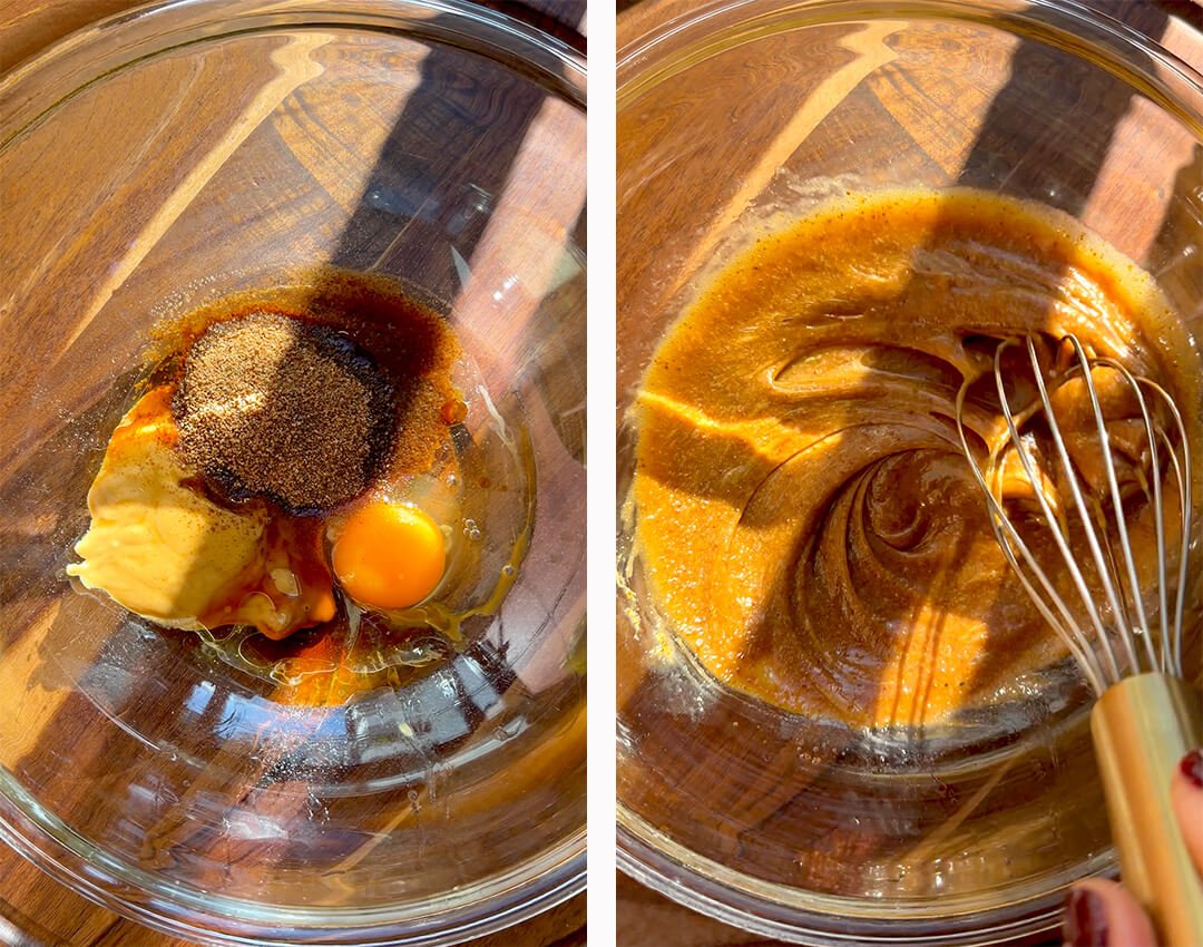 Step-by-step image of egg, peanut butter, olive oil, maple syrup and vanilla before and after whisking until smooth for healthy peanut butter sour cherry oatmeal cookie dough.