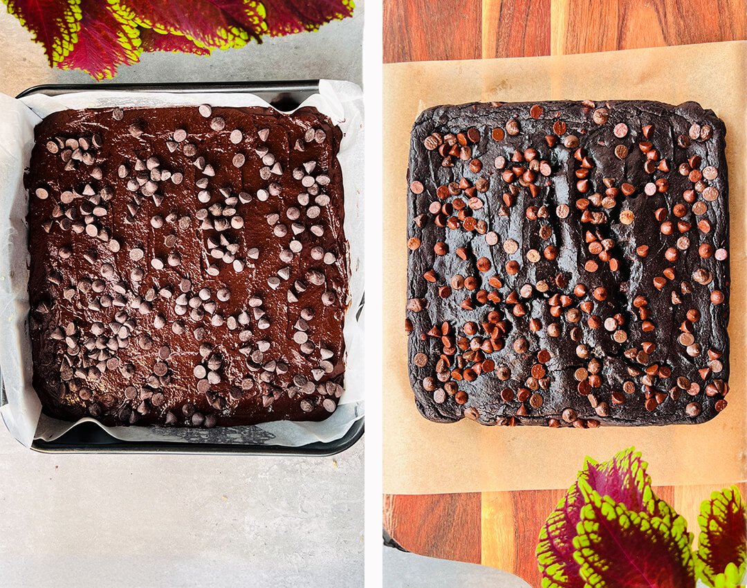 flourless pumpkin brownies before after baking
