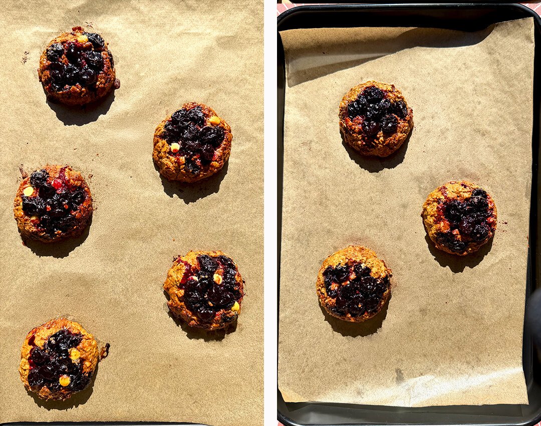 Healthy peanut butter sour cherry oatmeal cookies before and after baking, topped with glossy cherry filling and sugar-free white chocolate, with thick soft centers and beautifully golden caramelized edges.