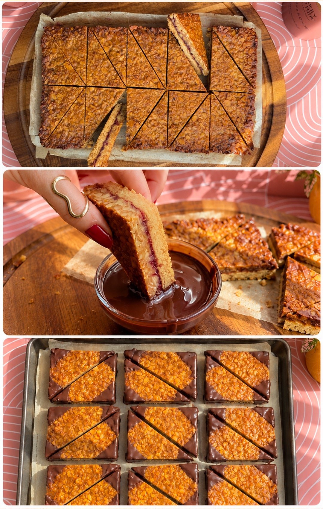 almond jam crunch cookie corners step 4 cut chocolate dip