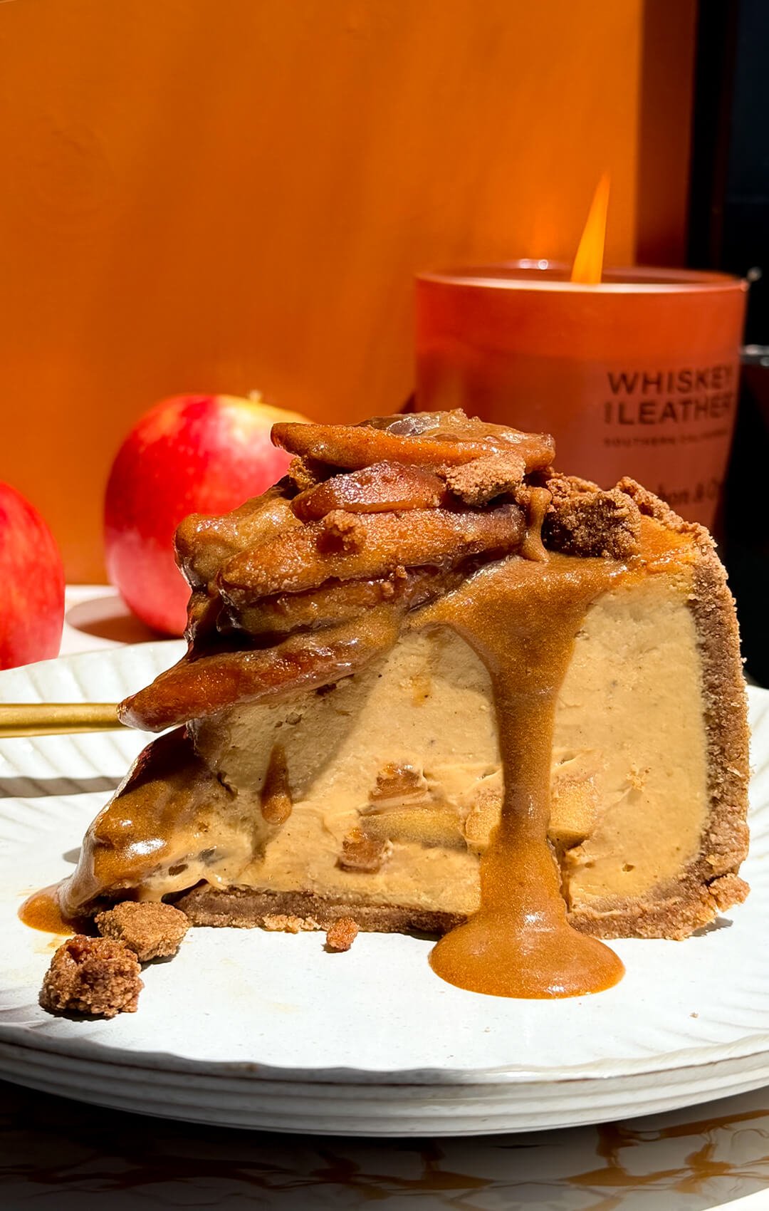 caramel apple pie cheesecake slice caramel drip