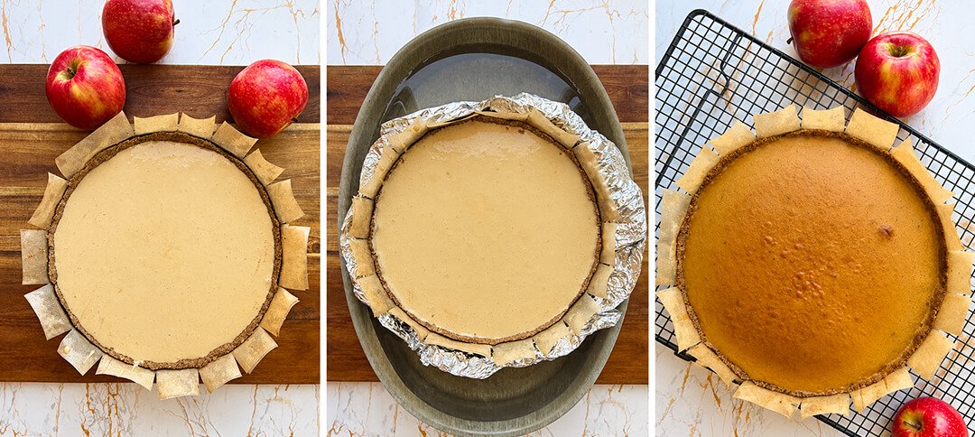 caramel apple pie cheesecake water bath baking steps