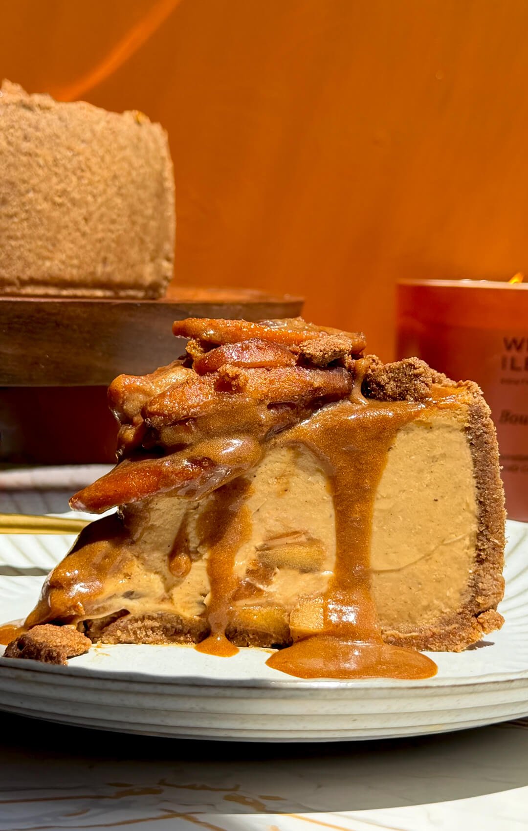 creamy caramel apple cheesecake slice