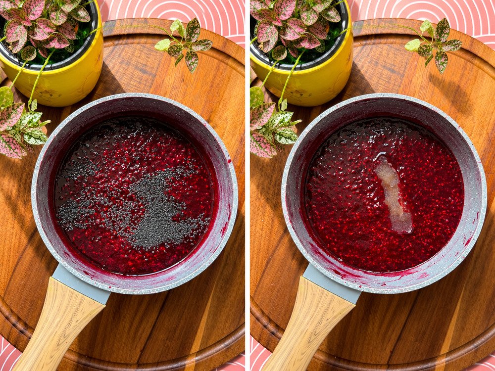 Step-by-step preparation of Healthy Refined Sugar-Free Raspberry Jam. The cooked raspberry mixture is shown with basil seeds, or chia seeds as an option, followed by bloomed gelatin added for a thick, spreadable texture. Quick and easy, gluten-free, dairy-free, paleo-friendly and high in fiber.