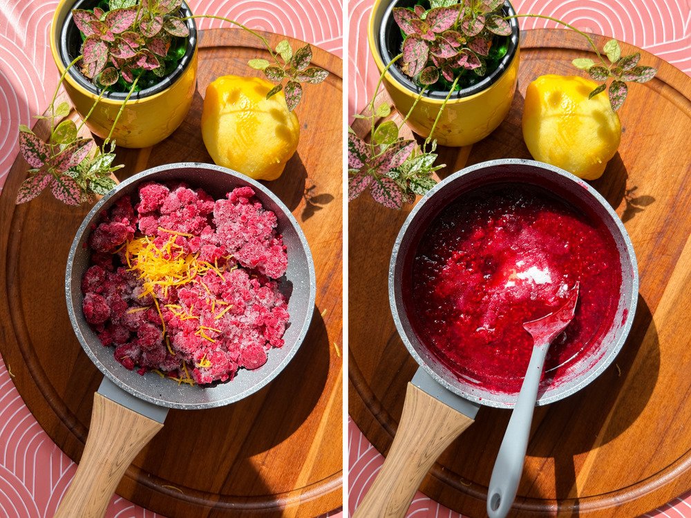 Step-by-step preparation of Healthy Refined Sugar-Free Raspberry Jam. Frozen raspberries and fresh lemon zest are shown before cooking, followed by the cooked raspberry mixture. A quick and easy one-pot homemade jam that is gluten-free, dairy-free, paleo-friendly and high in fiber.
