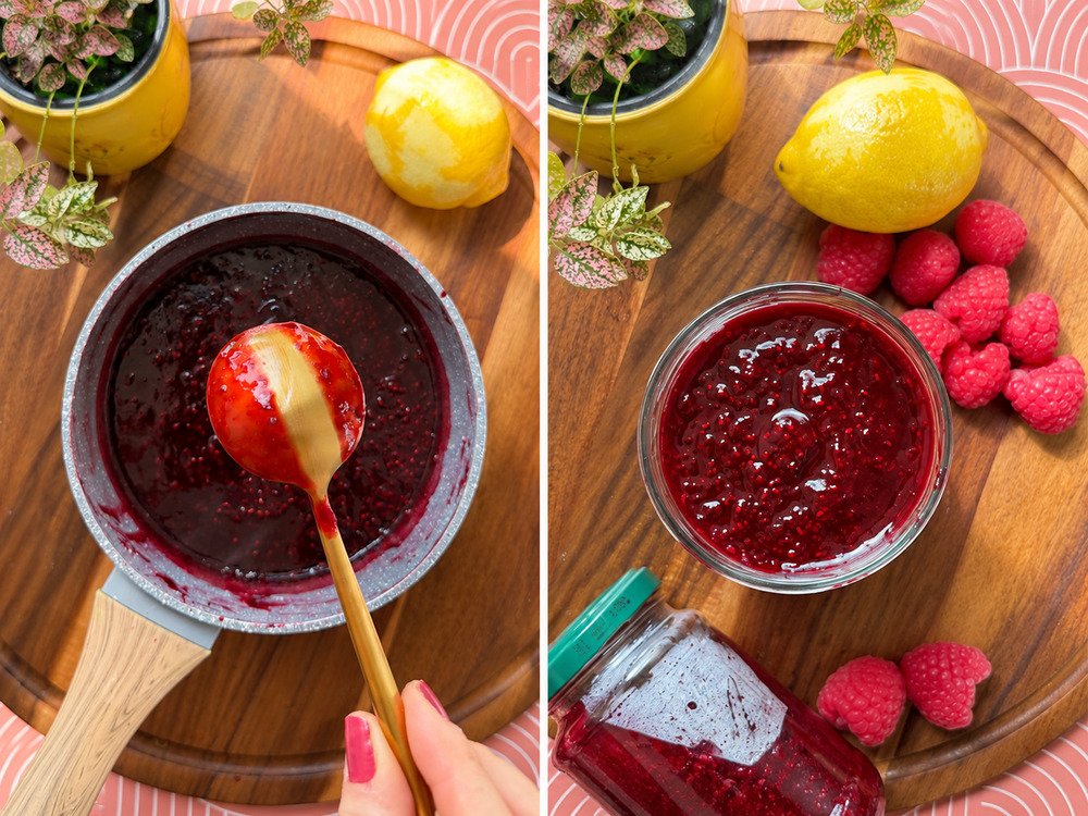 Final steps of Healthy Refined Sugar-Free Raspberry Jam, showing the thick glossy texture on a spoon and the finished homemade raspberry jam in a glass jar with fresh raspberries and lemon. Quick and easy, refined sugar-free, gluten-free, dairy-free, paleo-friendly and high in fiber.