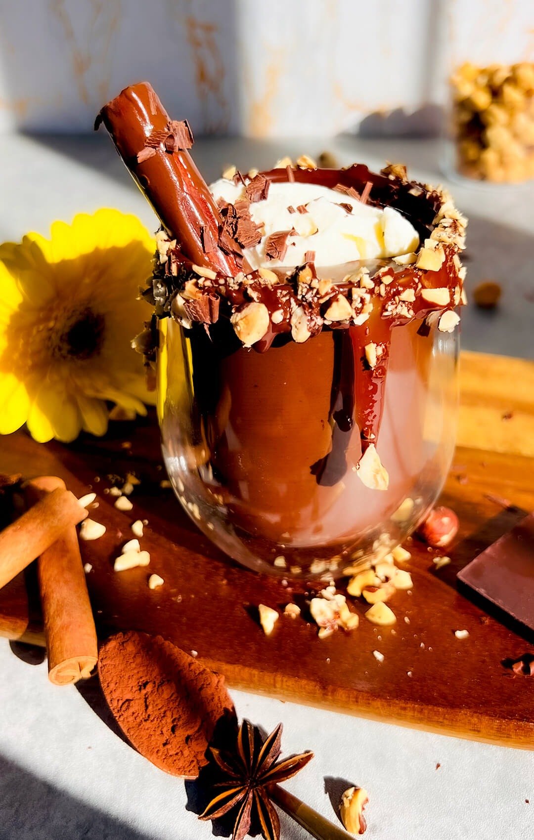 keto ferrero rocher hot chocolate whipped cream hazelnuts
