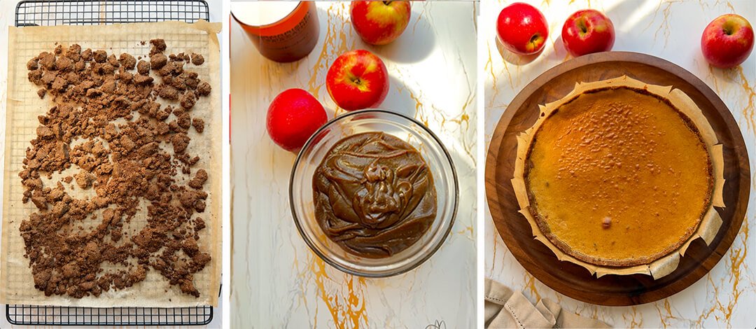 spiced almond crumble coconut sugar caramel cheesecake steps