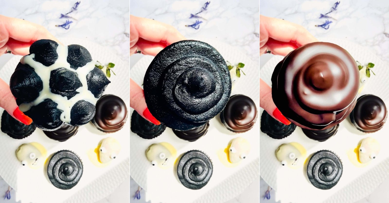 Three-panel collage showing a hand holding Halloween cupcakes with black buttercream peaks and white chocolate drizzle, a shimmering black buttercream swirl, and a smooth dark chocolate coating. Three easy decorating finishes using the same sugar-free chocolate buttercream.