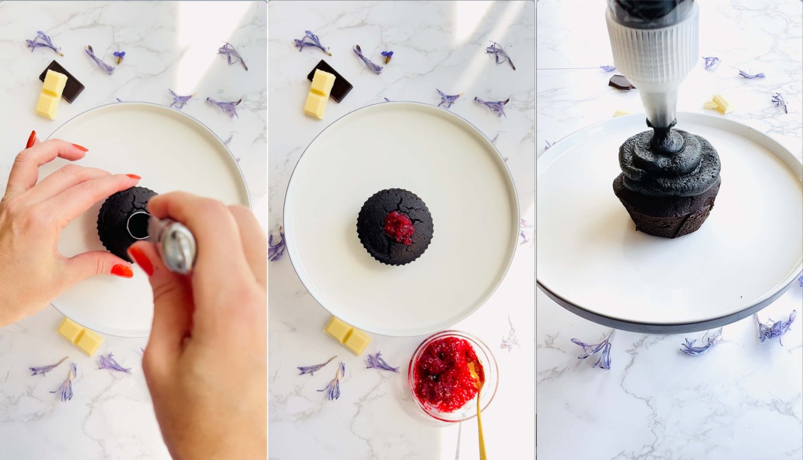 Step-by-step collage showing a chocolate cupcake being cored, filled with red raspberry jam, and topped with a piped black chocolate buttercream swirl. Easy Halloween cupcake decorating with gluten-free almond and lupin flour cupcakes and sugar-free monk fruit frosting.