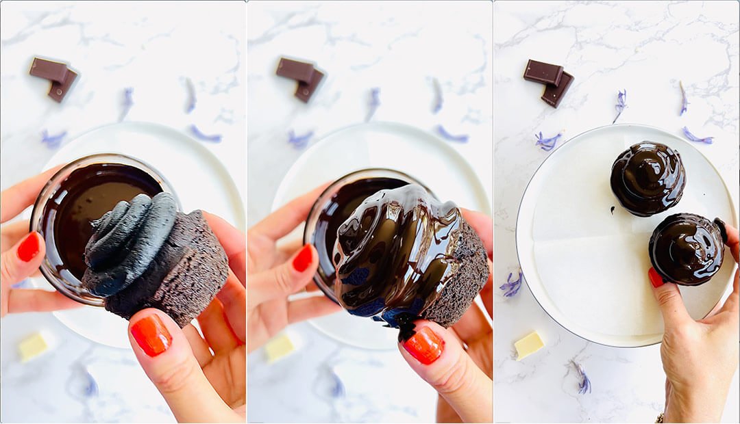 Three decorating steps show a chilled black buttercream cupcake being dipped into melted dark chocolate, lifted out with a glossy coating, and placed beside another coated cupcake. An optional chocolate finish for raspberry-filled Halloween cupcakes.