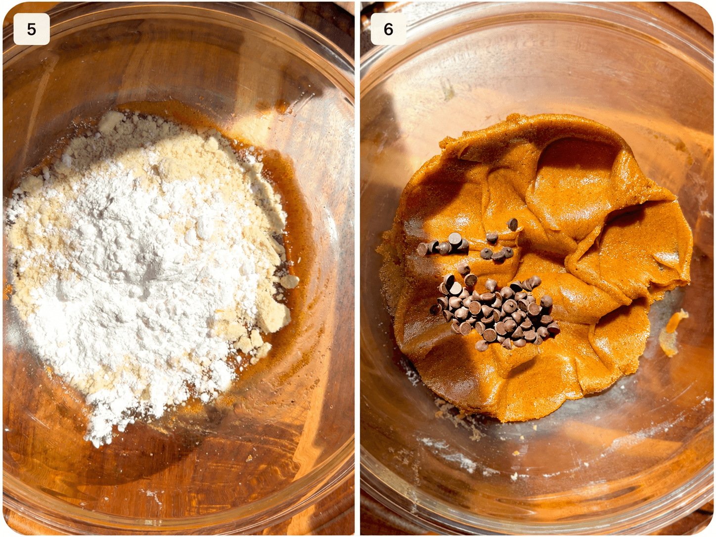 Almond flour and tapioca flour added to the mixing bowl, followed by soft cookie dough with dark chocolate chips for gluten-free cookie fries.