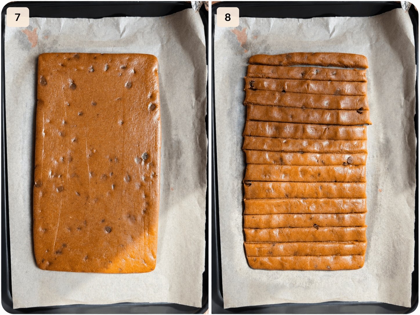 Almond flour chocolate chip cookie dough pressed into a rectangle on parchment, then cut into long strips to make healthy cookie fries.