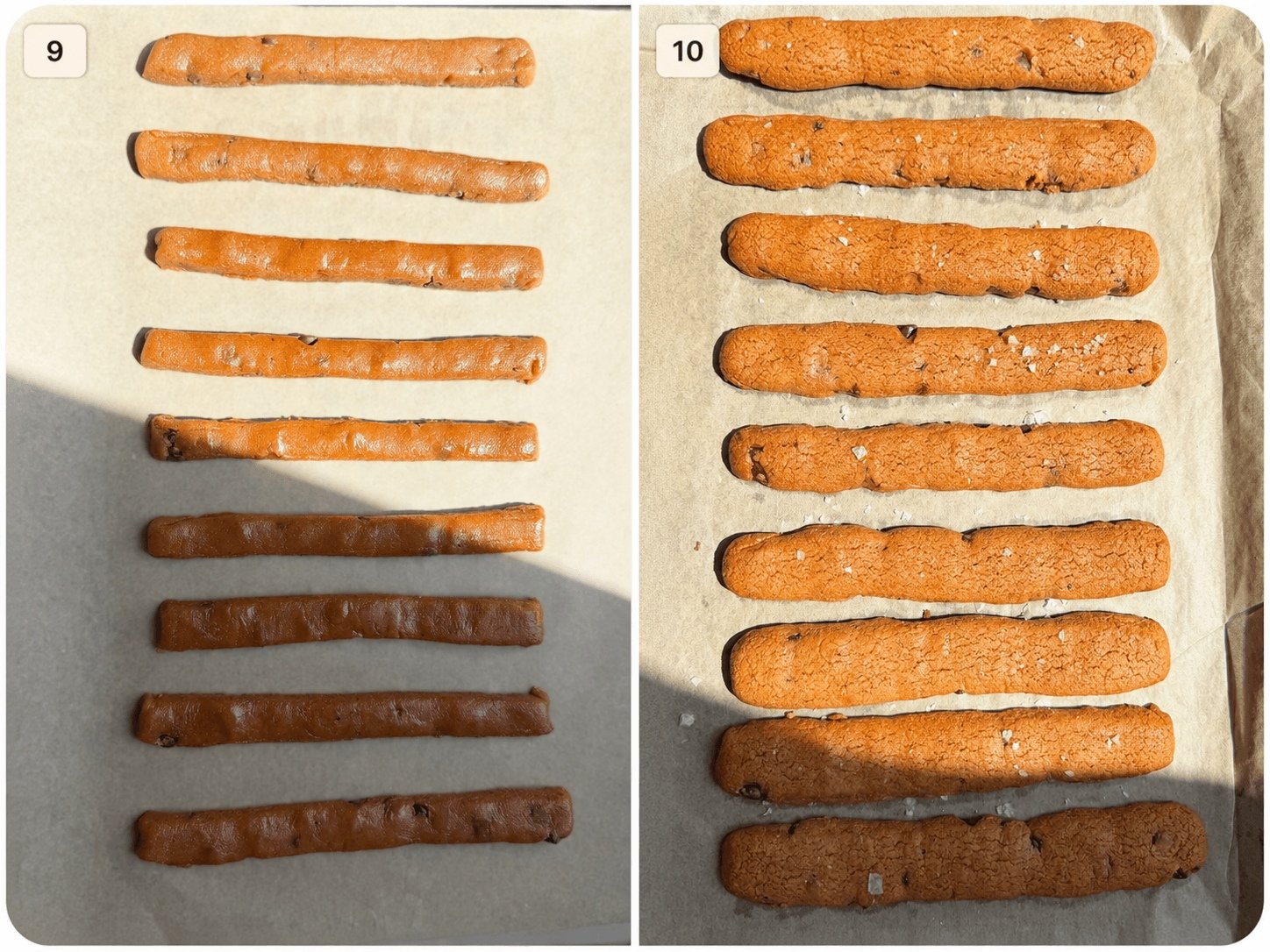 Long strips of unbaked chocolate chip cookie dough beside golden-brown baked cookie fries on parchment, showing the gluten-free baking process.