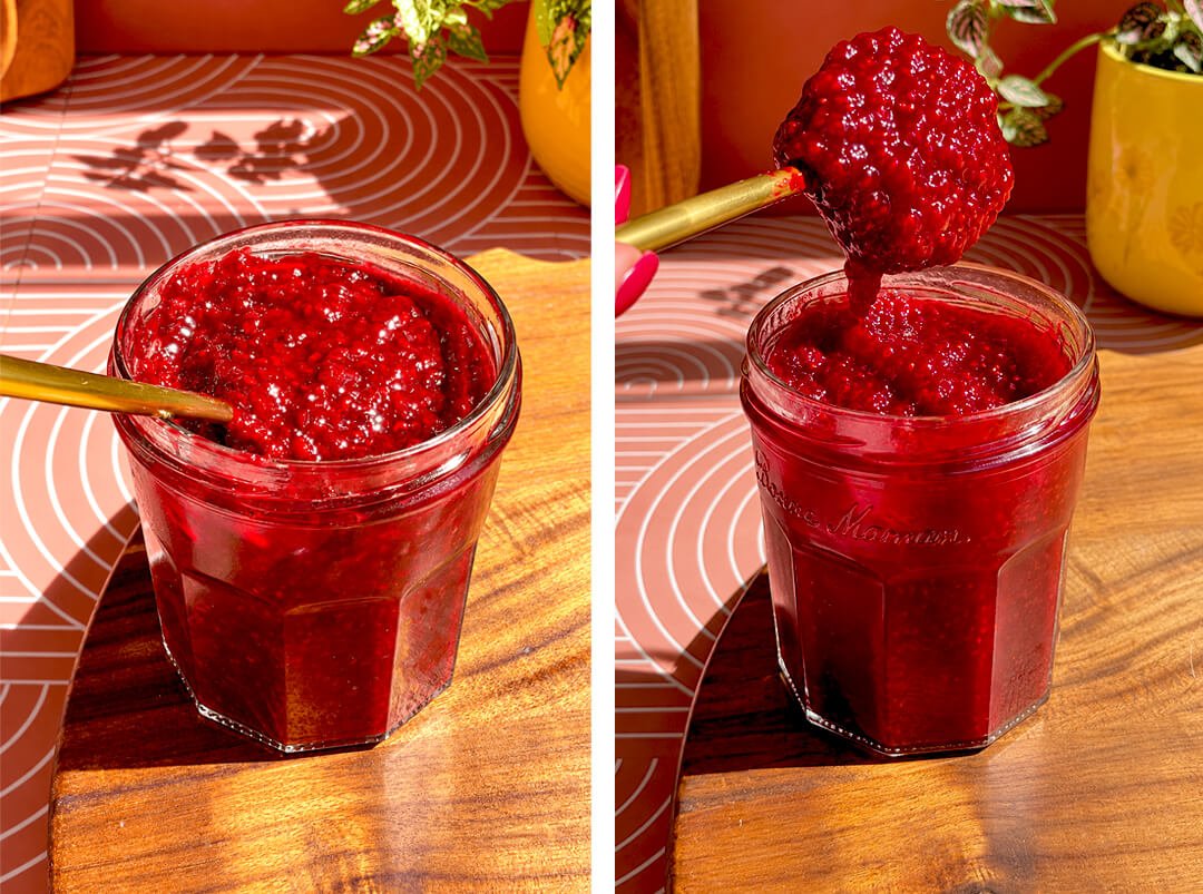© Healthy Food by Annie. All rights reserved. No reuse, copying, editing, reposting, or redistribution without written permission. Side-by-side photos of refined sugar-free raspberry jam in a glass jar and a gold spoon lifting a thick scoop, highlighting its glossy, chunky and spreadable raspberry texture.