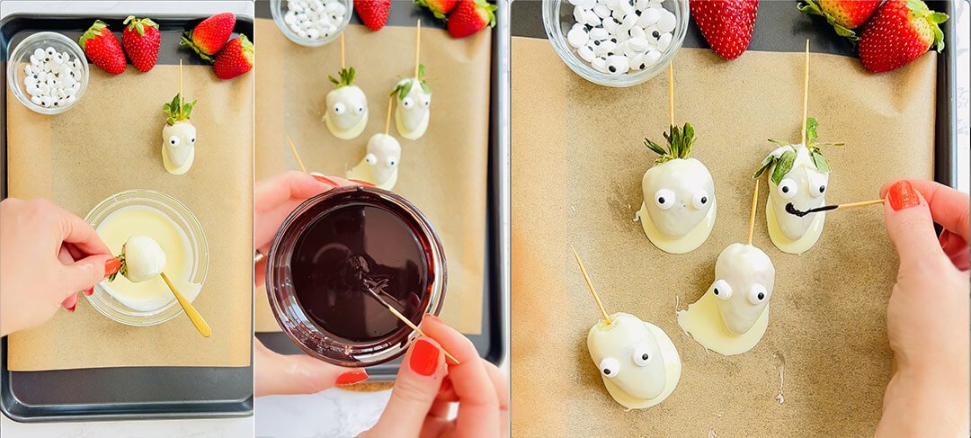 Three-panel collage showing strawberries dipped in melted white chocolate, dark chocolate prepared for the faces, and strawberry ghosts decorated with store-bought candy eyes and chocolate mouths. A simple Halloween treat to serve beside chocolate buttercream cupcakes.